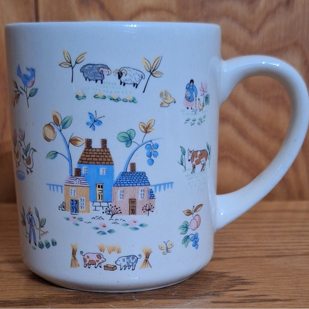 Stoneware by Pomerantz Coffee Mug Cream farm Scenes Pigs Sheep Cow Farmer Wife - Picture 12 of 12